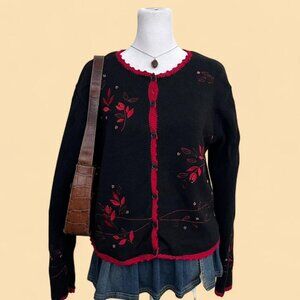 y2k red black floral beaded embroidered boho granola grunge cardigan